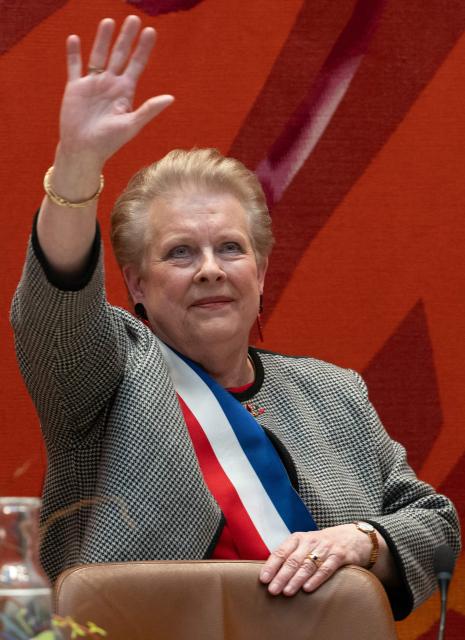 French politician of the French Socialist Party (PS) and newly elected mayor of Strasbourg Catherine Trautmann gestures during the inaugural city council session in Strasbourg, eastern France, on March 28, 2026. Catherine Trautmann (PS), who had already served twice as mayor of Strasbourg, and who served as culture minister in the Jospin government from 1997 to 2000 and as government spokesperson returns to lead the city. (Photo by SEBASTIEN BOZON / AFP)