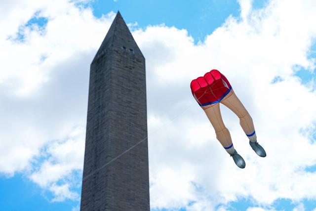 A kite flies during the Cherry Blossom Kite Festival on the National Mall in Washington, DC, on March 28, 2026. (Photo by Aaron Schwartz / AFP)
