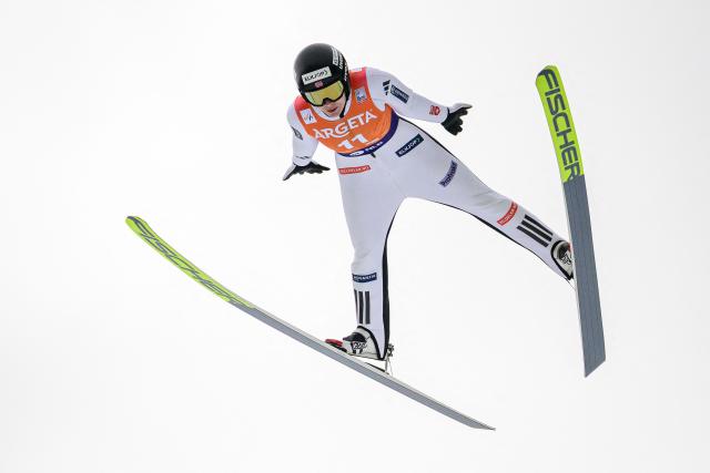 Norway's Anna Odine Stroem competes in the first round of the Women Individual Flying Hill competition of the FIS Ski Jumping World Cup in Planica on March 28, 2026. (Photo by Jure Makovec / AFP)