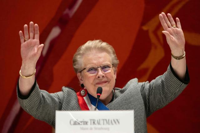 French politician of the French Socialist Party (PS) and newly elected mayor of Strasbourg Catherine Trautmann gestures during the inaugural city council session in Strasbourg, eastern France, on March 28, 2026. Catherine Trautmann (PS), who had already served twice as mayor of Strasbourg, and who served as culture minister in the Jospin government from 1997 to 2000 and as government spokesperson returns to lead the city. (Photo by SEBASTIEN BOZON / AFP)