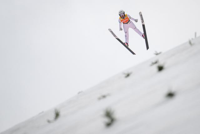 Slovenia's Nika Prevc competes during the first round of the Women's Individual Flying Hill competition of the FIS Ski Jumping World Cup in Planica on March 28, 2026. (Photo by Jure Makovec / AFP)