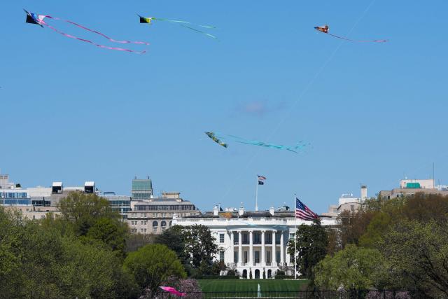 The White House is seen in the background as kites fly along the National Mall during the Cherry Blossom Kite Festival in Washington, DC, on March 28, 2026. (Photo by Ken Cedeno / AFP)