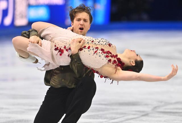 USA's Christina Carreira and Anthony Ponomarenko perform during the Ice Dance Free Dance program of the 2026 ISU Figure Skating World Championships in Prague, Czech Republic on March 28, 2026. (Photo by Michal Cizek / AFP)
