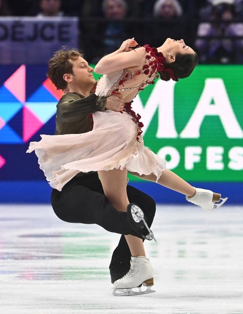 USA's Christina Carreira and Anthony Ponomarenko perform during the Ice Dance Free Dance program of the 2026 ISU Figure Skating World Championships in Prague, Czech Republic on March 28, 2026. (Photo by Michal Cizek / AFP)