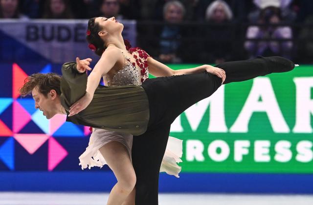 USA's Christina Carreira and Anthony Ponomarenko perform during the Ice Dance Free Dance program of the 2026 ISU Figure Skating World Championships in Prague, Czech Republic on March 28, 2026. (Photo by Michal Cizek / AFP)