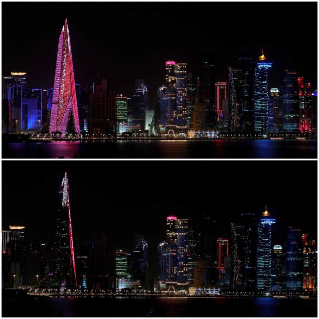 (COMBO) This combination of pictures created on March 28, 2026 shows the city skyline in Doha during the international campaign Earth Hour launched by the NGO WWF. (Photo by Karim JAAFAR / AFP)