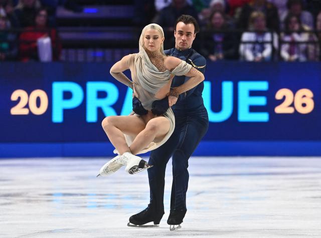 Spain's Olivia Smart and Tim Dieck perform during the Ice Dance Free Dance program of the 2026 ISU Figure Skating World Championships in Prague, Czech Republic on March 28, 2026. (Photo by Michal Cizek / AFP)