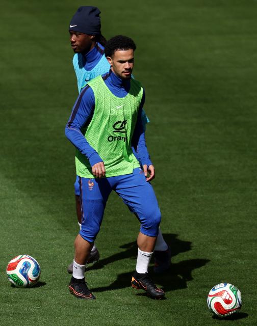 France's midfielder #18 Warren Zaire Emery controls the ball during a training session at the  Northwest Stadium in Landover, Maryland, on March 28, 2026 on the eve of the friendly football match between Colombia and France. France will play against Colombia in an international friendly football match on March 29, 2026, in preparation for the upcoming FIFA World Cup. (Photo by FRANCK FIFE / AFP)