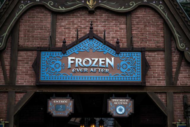 This photograph shows the entrance sign of the 'Frozen Ever After' attraction at Disney Adventure World ahead of the 'World of Frozen' opening in Disneyland Paris in Marne-la-Vallee, east of Paris on March 28, 2026. 'World of Frozen' will open on March 29, 2026. (Photo by Blanca CRUZ / AFP)