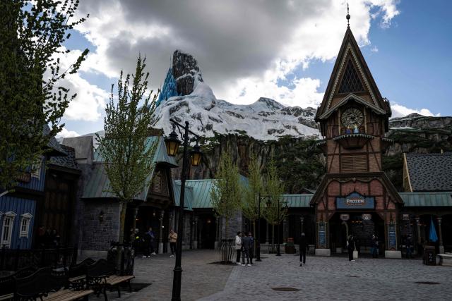 This photograph shows the entrance of the 'Frozen Ever After' attraction at Disney Adventure World ahead of the 'World of Frozen' opening in Disneyland Paris in Marne-la-Vallee, east of Paris on March 28, 2026. 'World of Frozen' will open on March 29, 2026. (Photo by Blanca CRUZ / AFP)