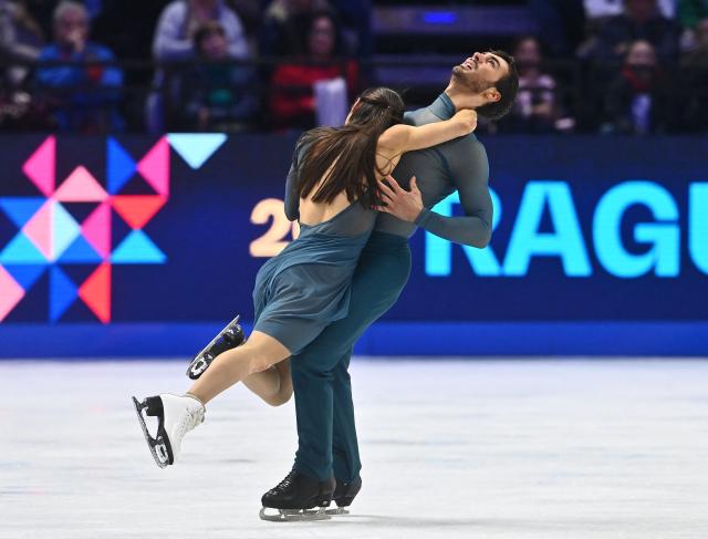 France's Laurence Fournier Beaudry and Guillaume Cizeron perform during the Ice Dance Free Dance program of the 2026 ISU Figure Skating World Championships in Prague, Czech Republic on March 28, 2026. (Photo by Michal Cizek / AFP)