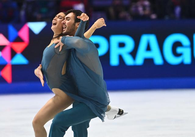 France's Laurence Fournier Beaudry and Guillaume Cizeron perform during the Ice Dance Free Dance program of the 2026 ISU Figure Skating World Championships in Prague, Czech Republic on March 28, 2026. (Photo by Michal Cizek / AFP)