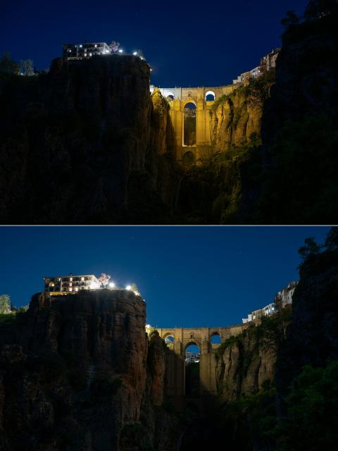 (COMBO) A combination of two pictures shows the New Bridge of Ronda illuminated (top) and after the lights were turned off during the global climate change awareness campaign "Earth Hour", in the Andalusian city of Ronda, on March 28, 2026. The annual event is organised by environment conservation group WWF, with hundreds of well-known sights including the Eiffel Tower in Paris and the Seattle Space Needle set to plunge into darkness for an hour to highlight the plight of the planet. (Photo by JORGE GUERRERO / AFP)