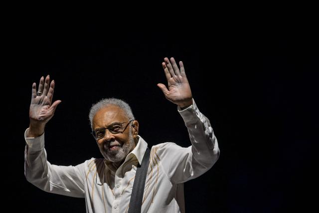 Brazilian musician and songwriter Gilberto Gil performs his 'Gil Tempo Rei Last tour' at Allianz Parque stadium in Sao Paulo, Brazil on March 28, 2026. (Photo by Nelson ALMEIDA / AFP)