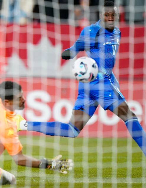 Haiti's midfielder #17 Danley Jean Jacques fails to score during a friendly football match between Haiti and Tunisia at BMO Field in Toronto, Canada, on March 28, 2026. (Photo by Geoff Robins / AFP)