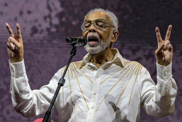 Brazilian musician and songwriter Gilberto Gil performs on his 'Gil Tempo Rei Last tour' at Allianz Parque stadium in Sao Paulo, Brazil on March 28, 2026. (Photo by NELSON ALMEIDA / AFP)
