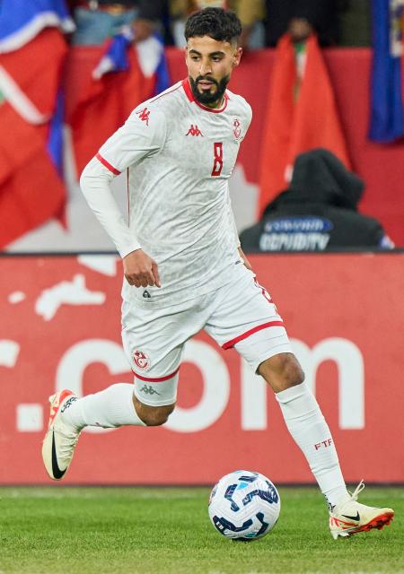 Tunisia's forward #08 Elias Saad runs with the ball during a friendly football match between Haiti and Tunisia at BMO Field in Toronto, Canada, on March 28, 2026. (Photo by Geoff Robins / AFP)