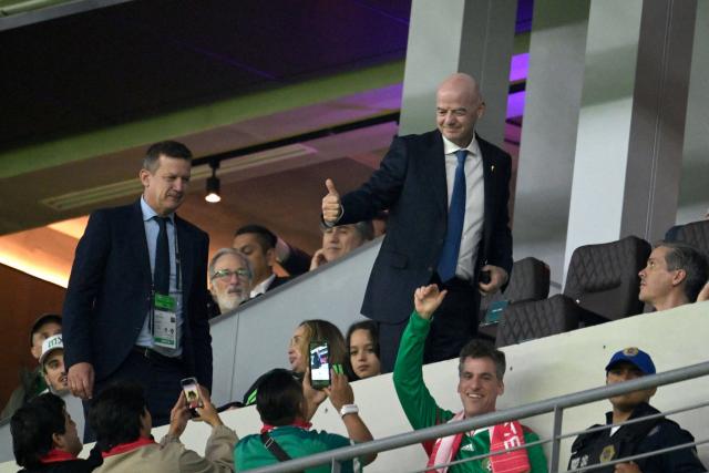 FIFA President Gianni Infantino gives a thumbs up during a friendly football match between Mexico and Portugal at the Banorte (formerly known as Azteca) Stadium in Mexico City on March 28, 2026. (Photo by Alfredo ESTRELLA / AFP)