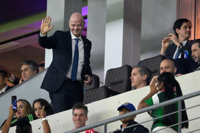 FIFA President Gianni Infantino waves to supporters during a friendly football match between Mexico and Portugal at the Banorte (formerly known as Azteca) Stadium in Mexico City on March 28, 2026. (Photo by Alfredo ESTRELLA / AFP)
