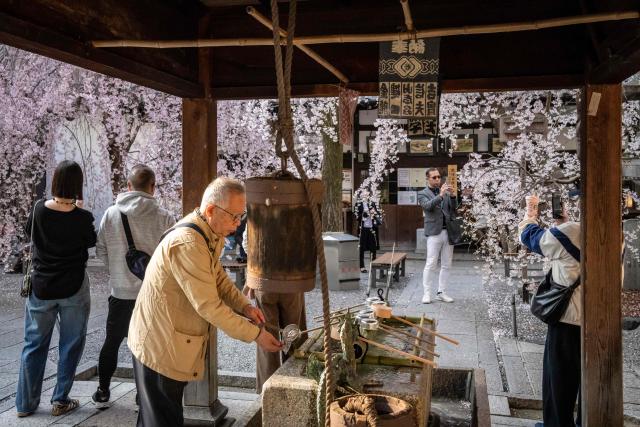 A man (front) performs ablutions as people photograph cherry blossom trees at Rokkakudo temple in Kyoto on March 29, 2026. (Photo by Yuichi YAMAZAKI / AFP)