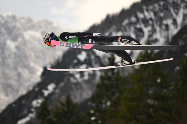 Norway's Marius Lindvik competes in the first round of the Men's Individual Large Hill event at the FIS Jumping World Cup in Planica on March 29, 2026. (Photo by JURE MAKOVEC / AFP)