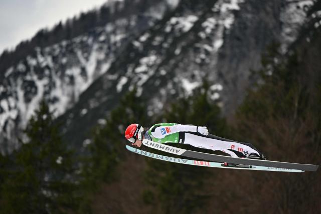 Austria's Manuel Fettner competes in the first round of the Men's Individual Large Hill event at the FIS Jumping World Cup in Planica on March 29, 2026. (Photo by JURE MAKOVEC / AFP)