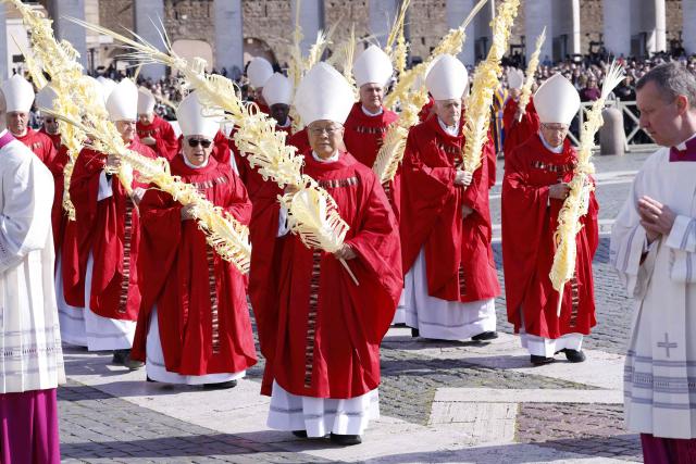 Cardinals walk holding palm branches as Pope Leo XIV leads a mass for Palm Sunday at St Peter's square in the Vatican on March 29, 2026. (Photo by REMO CASILLI / POOL / AFP)