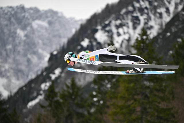 Slovenia's Domen Prevc competes in the first round of the Men's Individual Large Hill event at the FIS Jumping World Cup in Planica on March 29, 2026. (Photo by JURE MAKOVEC / AFP)