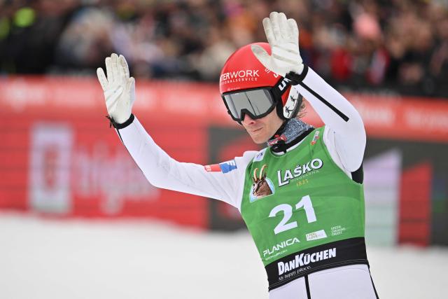 Austria's Manuel Fettner reacts during the final round of the Men's Individual Large Hill event at the FIS Jumping World Cup in Planica on March 29, 2026. (Photo by JURE MAKOVEC / AFP)