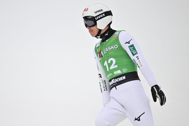 Japan's Tomofumi Naito reacts during the final round of the Men's Individual Large Hill event at the FIS Jumping World Cup in Planica on March 29, 2026. (Photo by JURE MAKOVEC / AFP)