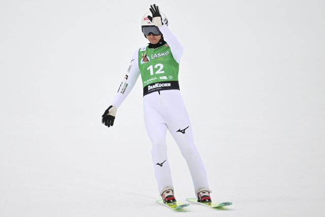 Japan's Tomofumi Naito reacts during the final round of the Men's Individual Large Hill event at the FIS Jumping World Cup in Planica on March 29, 2026. (Photo by JURE MAKOVEC / AFP)
