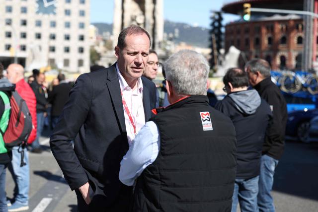 Tour de France General Director Christian Prudhomme talks prior the seventh and last stage of the 2026 'Volta a Catalunya' cycling tour of Catalonia, a 95,1 km race between Barcelona and Barcelona, on March 29, 2026. (Photo by Josep LAGO / AFP)