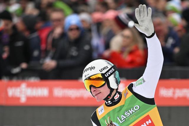 Slovenia's Domen Prevc reacts during the final round of the Men's Individual Large Hill event at the FIS Jumping World Cup in Planica on March 29, 2026. (Photo by JURE MAKOVEC / AFP)