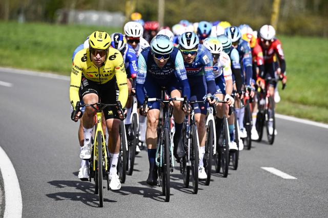 Italian Edoardo Affini of Team Visma-Lease a Bike leads the first peloton during the men elite 'Middelkerke-Wevelgem - In Flanders Fields' one day cycling race, 240,8 km from Middelkerke to Wevelgem, on March 29, 2026. (Photo by JASPER JACOBS / Belga / AFP) / Belgium OUT