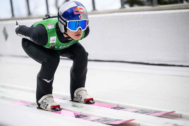 Japan’s Ryoyu Kobayashi competes during the trial round of the Individual Flying Hill competition of the FIS Ski Jumping World Cup in Planica, Slovenia on March 29, 2026. (Photo by Jure Makovec / AFP)