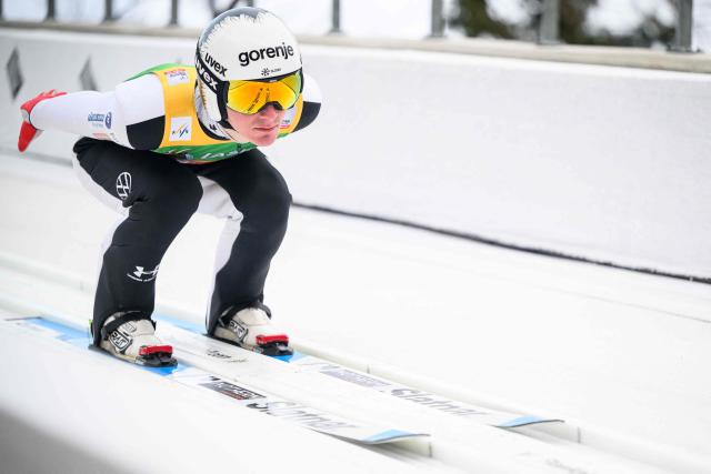 Slovenia’s Domen Prevc competes during the trial round of the Individual Flying Hill competition of the FIS Ski Jumping World Cup in Planica, Slovenia on March 29, 2026. (Photo by Jure Makovec / AFP)