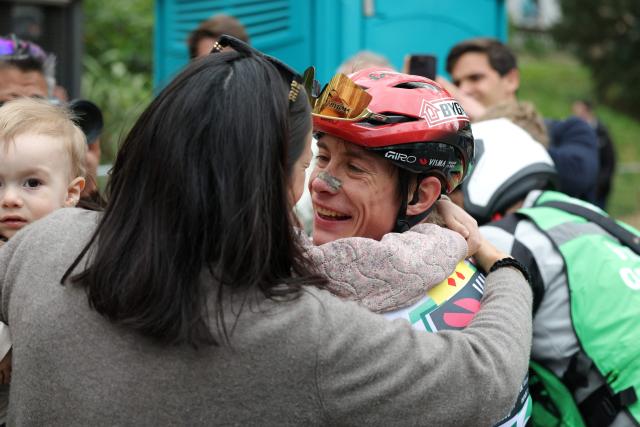 Team Visma-Lease a bike's Danish rider Jonas Vingegaard celebrates with his family winning the 2026 'Volta a Catalunya' cycling tour of Catalonia, after the seventh and last stage, a 95,1 km race between Barcelona and Barcelona, on March 29, 2026. (Photo by Josep LAGO / AFP)