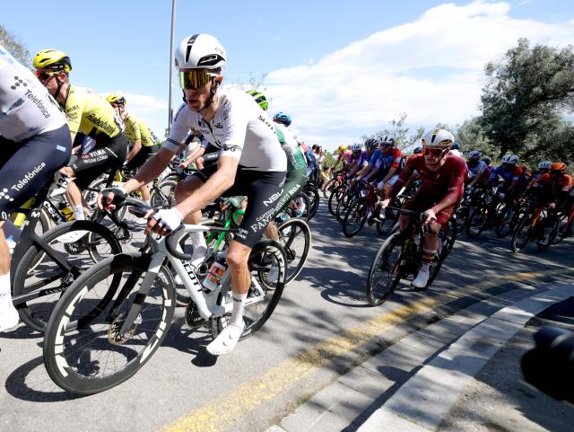 The pack rides during the seventh and last stage of the 2026 'Volta a Catalunya' cycling tour of Catalonia, a 95,1 km race between Barcelona and Barcelona, on March 29, 2026. (Photo by Josep LAGO / AFP)