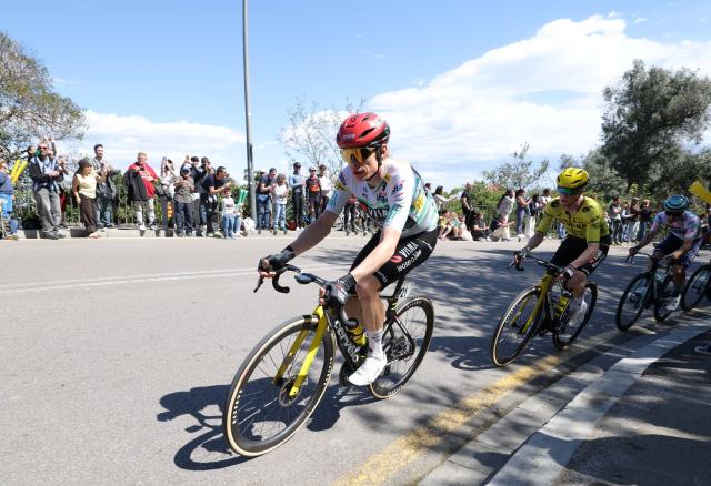 The overall ranking leader Team Visma-Lease a bike's Danish rider Jonas Vingegaard competes during the seventh and last stage of the 2026 'Volta a Catalunya' cycling tour of Catalonia, a 95,1 km race between Barcelona and Barcelona, on March 29, 2026. (Photo by Josep LAGO / AFP)