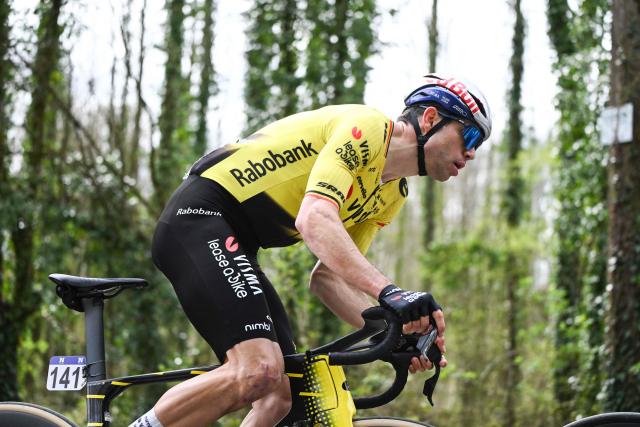 Team Visma-Lease a Bike's Belgian rider Wout van Aert competes during the men elite 'Middelkerke-Wevelgem - In Flanders Fields' one day cycling race, 240.8 km from Middelkerke to Wevelgem, on March 29, 2026. (Photo by ELIAS ROM / Belga / AFP) / Belgium OUT