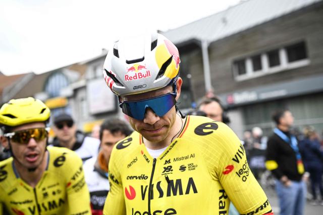 Belgian Wout van Aert of Team Visma-Lease a Bike is pictured after the men’s elite “Middelkerke–Wevelgem – In Flanders Fields” one-day cycling race, covering 240.8 km from Middelkerke to Wevelgem, on March 29, 2026. (Photo by JASPER JACOBS / Belga / AFP) / Belgium OUT