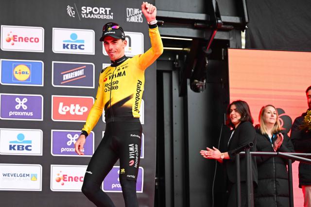 French Christophe Laporte of Team Visma-Lease a Bike celebrates on the podium after the men elite 'Middelkerke-Wevelgem - In Flanders Fields' one day cycling race, 240.8 km from Middelkerke to Wevelgem, March 29, 2026. (Photo by MAARTEN STRAETEMANS / Belga / AFP) / Belgium OUT