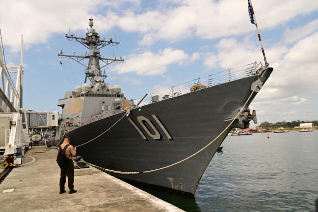 The US Navy Arleigh Burke-class guided-missile destroyer USS Gridley (DDG 101) docks at the Amador cruise terminal in Panama City on March 29, 2026. The ship reached the country alongside the aircraft carrier USS Nimitz as part of the multinational maritime cooperation exercises “Mares del Sur 2026.” (Photo by MARTIN BERNETTI / AFP)