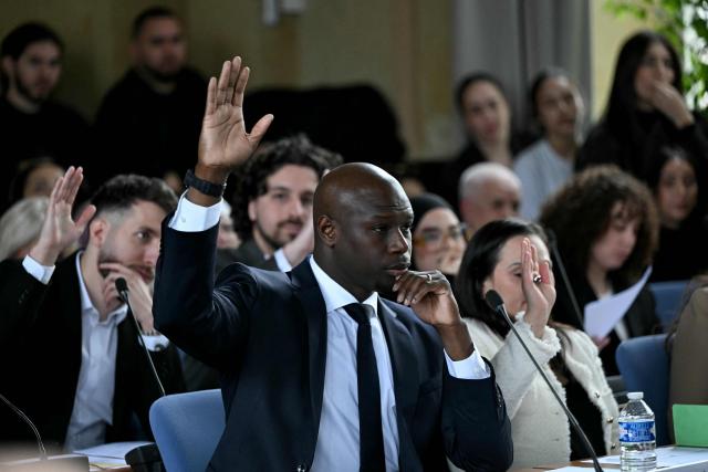 Le Blanc-Mesnil newly elected mayor Demba Traore attends the inaugural city council session at the city hall of Le Blanc-Mesnil, on the outskirts of Paris, on March 29, 2026. (Photo by Blanca CRUZ / AFP)