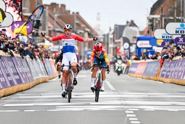 Dutch Lorena Wiebes of SD Worx-Protime celebrates after winning the women elite 'Wevelgem to Wevelgem - In Flanders Fields' one day cycling race, 134.9 km from and to Wevelgem, on March 29, 2026. (Photo by ELIAS ROM / Belga / AFP) / Belgium OUT