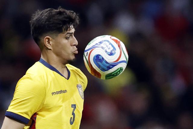 (FILES) Ecuador's  defender #03 Piero Hincapie controls the ball during the international friendly football match between Morocco and Ecuador at Metropolitano Stadium in Madrid on March 27, 2026. Ecuador has been dealt a blow with the injury-enforced absences of defender Piero Hincapie and midfielder Denil Castillo ahead of the 2026 World Cup warm-up match against the Netherlands in Eindhoven, the Ecuadorian Football Federation (FEF) announced on MArch 29, 2026. (Photo by Oscar DEL POZO / AFP)