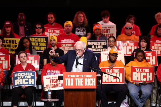 US Senator Bernie Sanders, Independent from Vermont, gestures as he speaks during a "Tax the Rich" rally at Lehman College in the Bronx borough of New York City on March 29, 2026. (Photo by CHARLY TRIBALLEAU / AFP)