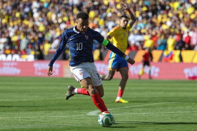 France's forward #10 Kylian Mbappe controls the ball on his attempt to score a goal that was not allowed for being offside, during a friendly football match between Colombia and France at Northwest Stadium in Landover, Maryland, on March 29, 2026. (Photo by FRANCK FIFE / AFP)