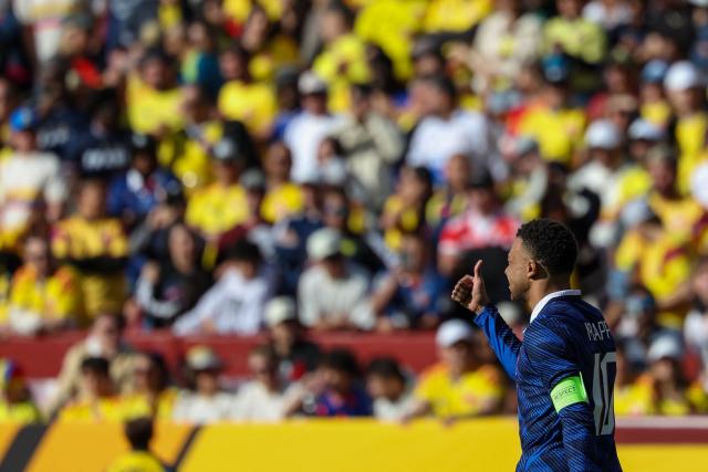 France's forward #10 Kylian Mbappe flashes a thumbs during a friendly football match between Colombia and France at Northwest Stadium in Landover, Maryland, on March 29, 2026. (Photo by FRANCK FIFE / AFP)