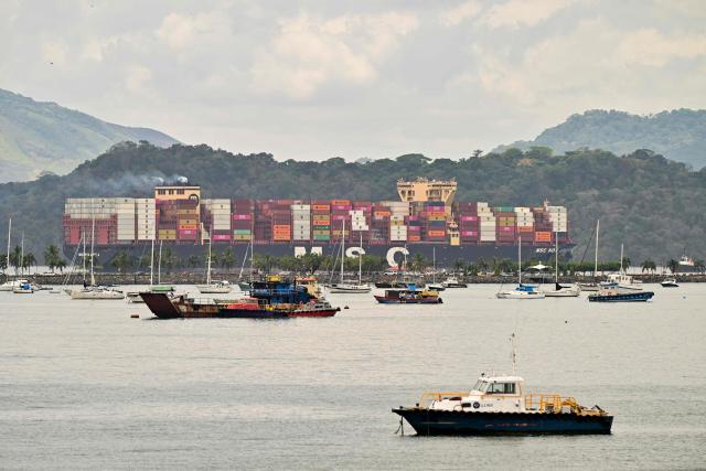 The MSC container ship, sailing under the flag of Singapore, enters the Panama Canal from the Pacific side in Panama City on March 29, 2026. (Photo by MARTIN BERNETTI / AFP)